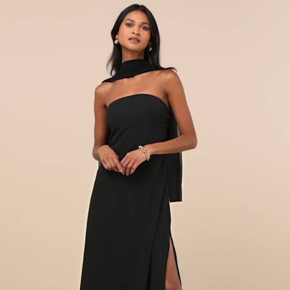 Lulus Rawya Black Strapless Maxi Dress And Scarf Set - Size M
